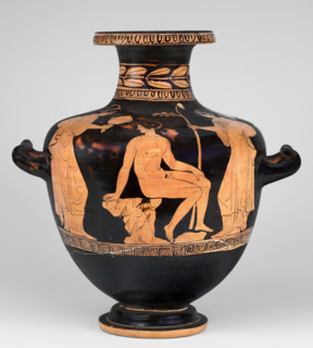 Red-figure hydria, Amycus Painter (c. 420–410 BC), Greek pottery; hydria on a high profiled foot,