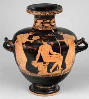 Red-figure hydria, Amycus Painter (c. 420–410 BC), Greek pottery; hydria on a high, profiled foot.