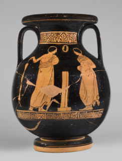 Red-figure pelike depicting a woman putting on a pearl necklace; Southern Italic (Apulian) pottery,