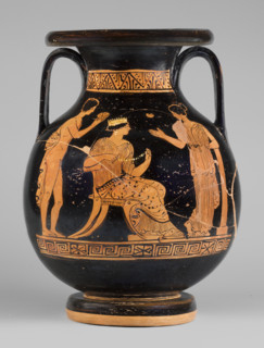 Red-figure pelike depicting a woman putting on a pearl necklace, c. 380 BC, Apulian. Southern
