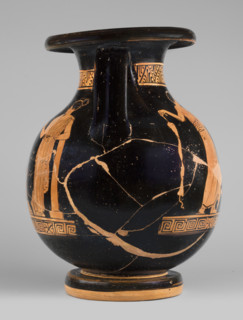 Red-figure pelike depicting a woman putting on a pearl necklace; Southern Italic (Apulian) pottery,