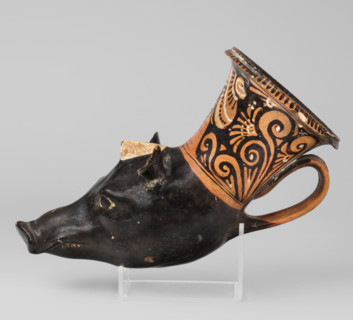 Red-figure rhyton in the shape of a boar's head, Stoke-on-Trent Group (c. 300 BC), boar