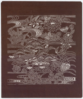 Ise katagami dyeing stencil - landscape with a house by the water, pine tree, irises,