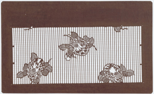 Ise-katagami dyeing stencil; pattern — vertical stripes and camellia flowers on the background;