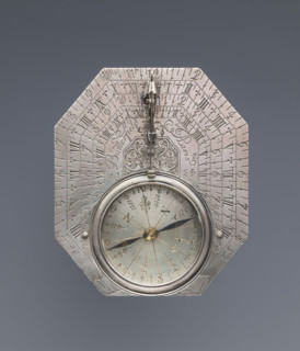 Pocket sundial with compass, Butterfield, Michael (1635–1724). Octagonal, engraved on both sides;