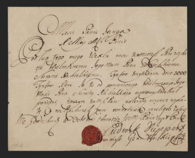 Bill of exchange handwritten by Ludwik Ruppert with a wax seal and signature. Text