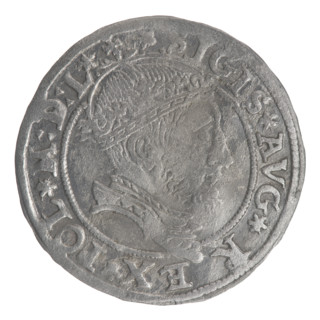 Lithuanian grosz, 1545. Obverse: crowned male bust in armour facing right, rim inscription divided
