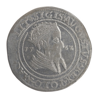 Lithuanian sixer, Sigismund II Augustus (king of Poland; 1544–1572). Coats of arms: Jagiellonians