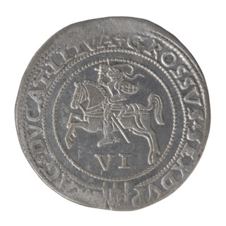 Lithuanian sixer, Sigismund II Augustus (king of Poland; 1544–1572). Coats of arms: Jagiellonians