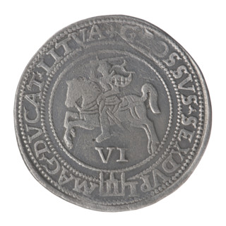 Sixer coin of Sigismund II Augustus (king of Poland; 1544–1572). Obverse: crowned male bust in