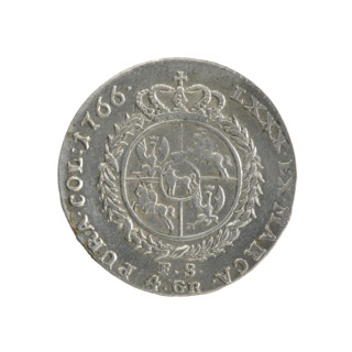 Gold crown coin, 1766. Obv.: Head of Stanislaw August Poniatowski, inscription around the rim