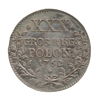 Crown zloty trial - XXX groszy, Augustus III Sas (King of Poland; 1733–1763). Bust of the king in