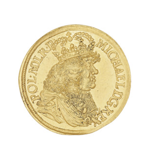 Gdansk ducat by Daniel Lesse (1656–1685), 1673. Obverse: crowned bust in right profile wearing the
