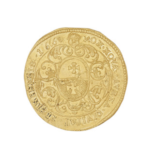 Elblag ducat, John II Casimir Vasa (King of Poland; 1648–1668). Obverse: bust of the king with a