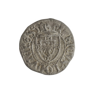 Teutonic szelag, Henryk Reuss von Plauen (Grand Master; 1467–1469). AR mark (twice on the obverse).