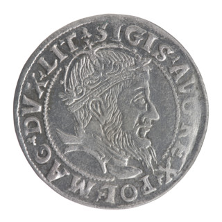 Lithuanian grosz, 1555. Obverse: Crowned male bust in armour, profile right; rim inscription