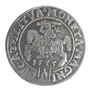 Lithuanian grosz, 1555. Obverse: crowned male bust of Sigismund II Augustus in armour, profile to