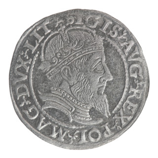Lithuanian grosz, 1559. Obverse: crowned male bust in armour, profile to the right; rim inscription