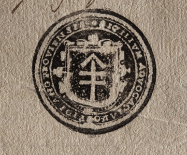 Round ink print of the seal of the town of Andrzejów. On the baroque shield, the fox coat of arms,