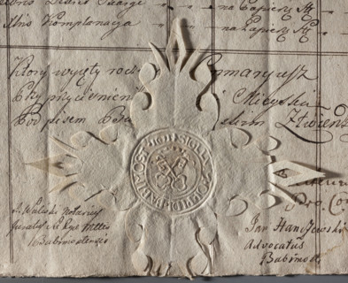 Round imprint of the seal of the town of Babimost, Poznan Voivodeship. On the crowned cartouche two