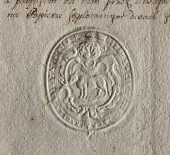 Oval seal impression of the city of Bielsko, Podlaskie Voivodeship. On a baroque shield, a bison