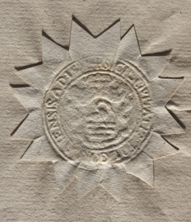 Round seal impression of the town of Bilgoraj, Lublin Voivodeship. On the decorative crowned shield