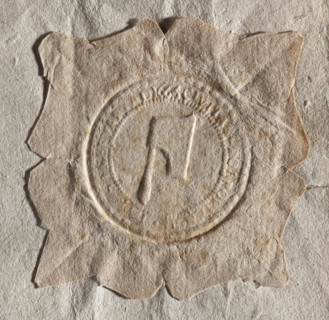Round seal impression of the town of Bobrowniki, Stezyca region. The Topór (Axe) coat of arms is on