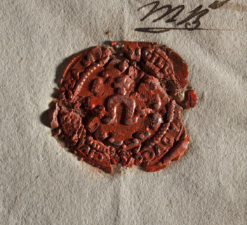 Round wax impression of the seal of Bodzentyn, Sandomierz County and Voivodeship. On the decorative
