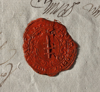 Oval wax impression of the seal of the town of Brody. On a decorative oval shield is the Pilawa