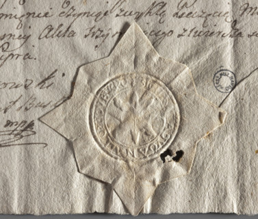Round seal impression of the town of Busko, Sandomierz Voivodeship, Wislica County. A sun with