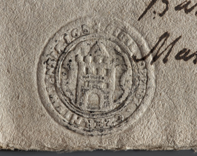 Seal impression of the town of Czerniejów (1654). Fortress tower with an open gate, five