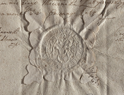 Round seal impression of the town of Dukla, Kraków Voivodeship. Figure of Saint John the Baptist