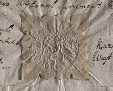 Round seal impression of the town of Dukla, Kraków Voivodeship. Figure of Saint John the Baptist