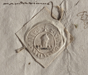 Horodlo city seal. Round seal impression showing what appears to be a mitre attached by three