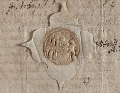 Round impression of the city seal of Gdansk. In an oval cartouche supported by two lions is the