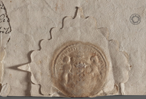 Round impression of the seal of the city of Gdansk. In an oval cartouche, supported by two