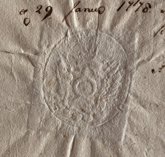 Oval seal impression of the Grabowo town seal. On the shield, the Nalecz coat of arms with a jewel