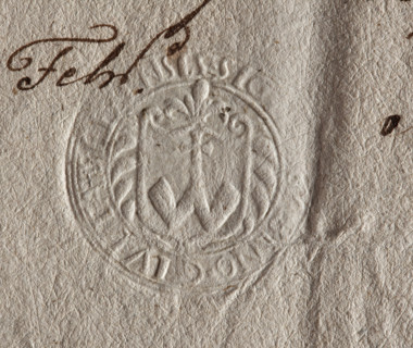 Round seal impression of the town of Ilza. On the baroque shield the Abdank coat of arms with a