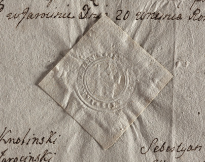 Round seal impression of the town of Jarocin, Sieradz Voivodeship. Tower with an open gate, topped