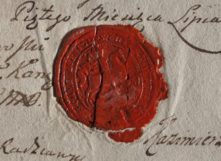Oval wax impression of the seal of the town of Kamieniec Podolski. In the pearl-shaped rim: St.