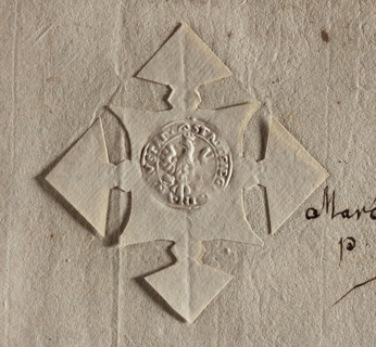 Round seal impression of the town of Kargowa. Crowned single-headed eagle with a shield on its