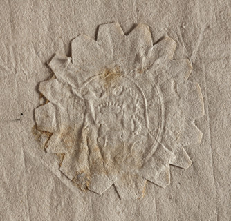 Oval seal impression of the town of Karczew. On a rococo shield under a count's crown, a ram