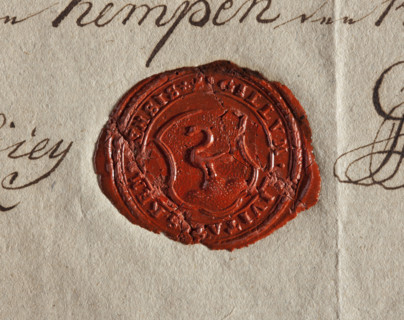 Round seal impression of the town of Kepno, Sieradz Voivodeship. In the field of the seal, a