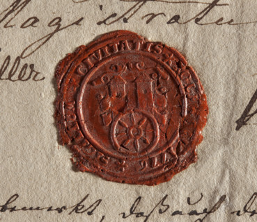 Round wax impression of the seal of the town of Kolo, Kalisz Voivodeship. On the circle there is a
