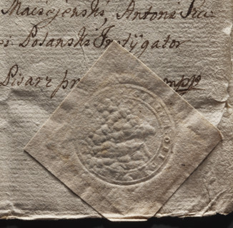 Round seal impression of the town of Ladek, Kalisz Voivodeship. Illegible. 1779. Poland. City seal