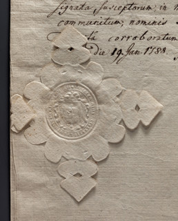 Oval seal impression of the town of Leszno in Greater Poland. In the middle of the baroque shield,