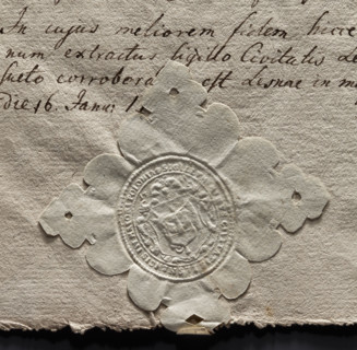 Oval seal impression of the town of Leszno in Greater Poland. In the middle of the baroque shield,