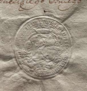 Oval seal impression of the city of Lublin. In a baroque cartouche with a noble crown, a goat
