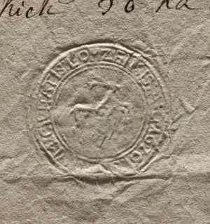 Round seal impression of the town of Lomza. In the central part a deer facing left. In the rim an