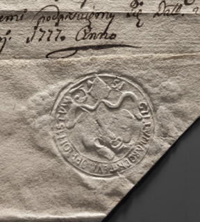 Round seal impression of the town of Mstów. Under the bishop's mitre, a baroque cartouche with two